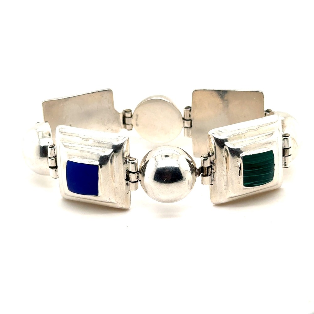 Vintage Mexico Sterling Silver 925 Multi Stone Inlay Panel Link Bracelet 8in